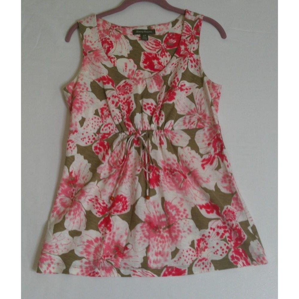 Tommy Bahama Womens Small Tank Top‎ Pink Floral Cotton Drawstring Empire Waist